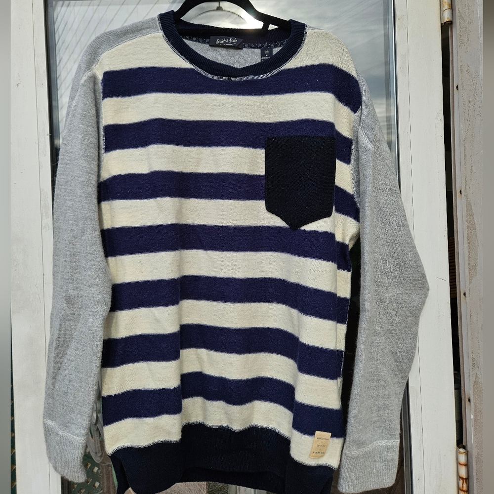 Scotch & Soda Mens Navy and Cream Striped Crewneck Wool Sweater -size Large